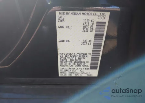 2014 Nissan Altima 2.5 S from USA, damaged, VIN 1N4AL3AP2EC276460